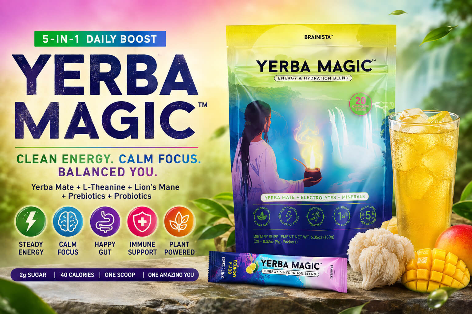 Yerba Magic energy drink powder with iced drink, mango, lion’s mane, and functional ingredient highlights